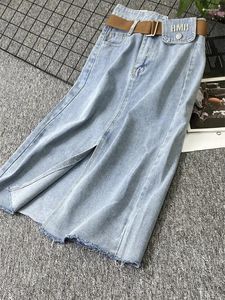 Jupes vintage bleu haute taille denim une ligne divisée femelle 2024 été y2k streetwear harajuku long jean jupe avec ceinture