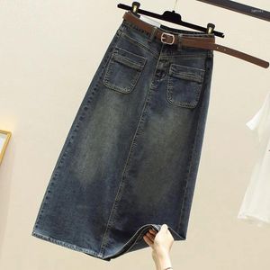 Jupes Vintage Blue Femmes Denim Jupe Printemps Été Taille Haute Poches Split Wrap Hip Dames Mi Longueur Jean