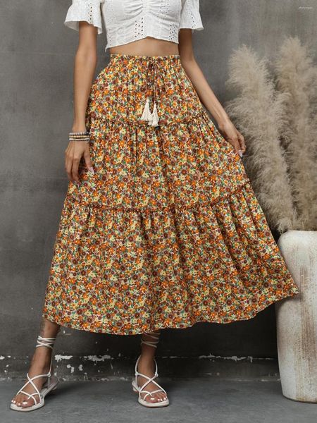 Faldas Vintage bohemias largas para mujer elegante playa Casual cintura alta moda verano flores estampado elástico inferior 2023 señora