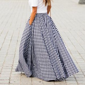 Faldas Vintage bohemias para mujer falda a cuadros con bolsillos de verano de cintura alta plisada línea A delgada drapeada Maxi elegante playa larga