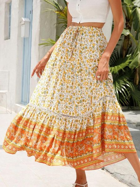 Faldas Vintage Boho Largo Mujer Moda de verano Estampado floral Plisado Elegante Casual Suelta Cintura alta Falda para la playa