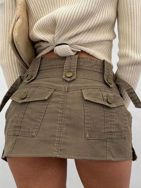 Faldas Vintage Brown Denim Mini Falda con cinturón Y2K Streetwear Low Rise Bolsillos Patchwork Cargo para mujeres 2023 Harajuku