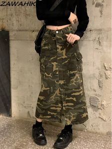 Rokken Vintage Camouflage Print Button-up Y2K Streetwear Hoge Taille Hoge Split Jurk Lange Rokken Vrouwen Kleding Mode Sexy midi Rokken 230707