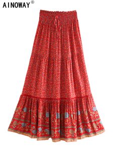 Jupes Vintage Chic Mode Femmes Rouge Imprimé Floral Plage Bohème Jupe Plissée Rayonne Coton Taille Haute Boho Maxi Femme 230607