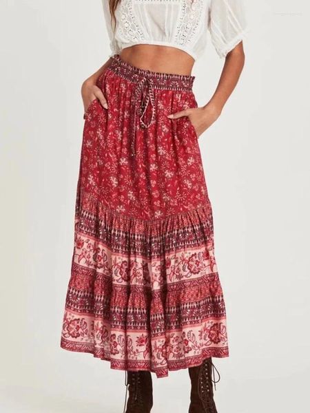 Jupes Vintage Chic Hippie femmes Floral paon imprimé taille haute plage bohème dames rayonne coton a-ligne Midi Boho jupe