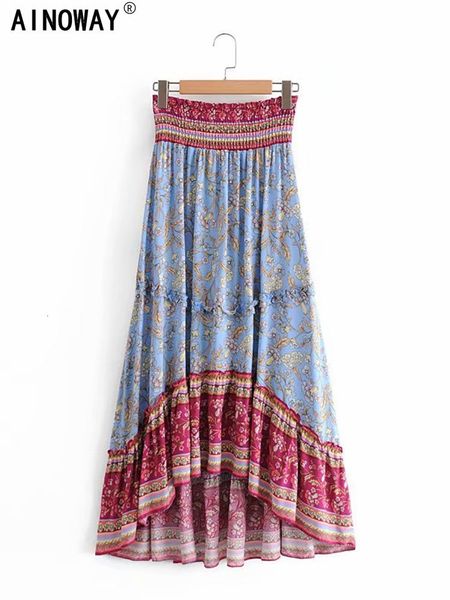 Jupes Vintage Chic Hippie Femmes Imprimé Floral Plage Bohème Longue Jupe Taille Haute Rayonne Coton Asymmrtical Boho Femme 230607