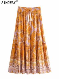 Jupes Vintage Chic Hippie femmes Orange imprimé fleuri plage bohème jupe haute taille élastique plissée Boho rayonne Maxi jupes Femme 230428