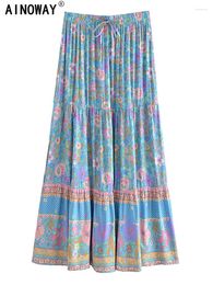 Jupes vintage Chic Women Hippie Summer Som Tassel Elastic Boho Jirt Blue Floral imprimé Rayon Beach Bohemian plidé maxi