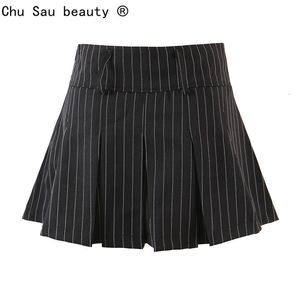 Skirts Vintage college style sexy high waist striped pleated skirt woman slim fit kawaii short mini for girl spring Autumn 230720