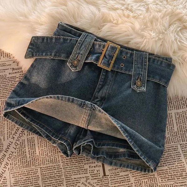 Faldas Vintage Mini Mujeres Summer Sexy Solid Belt Jeans Femenino Vestido casual Coreano Slim A Línea