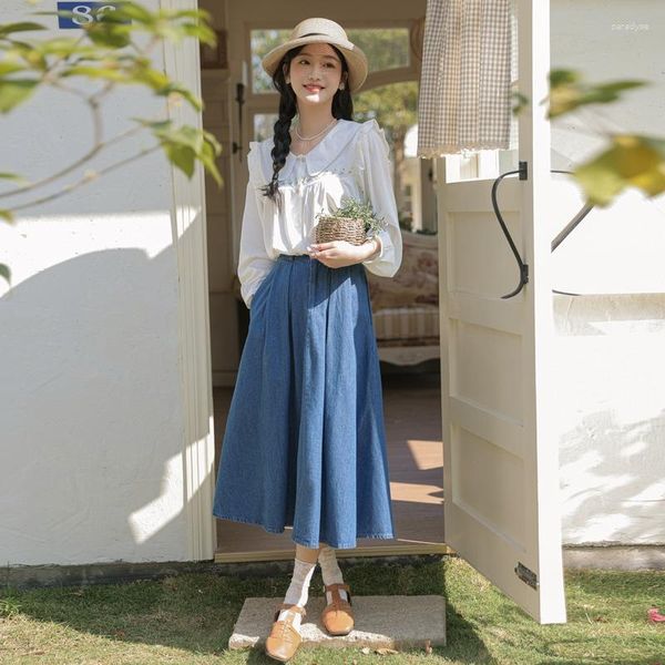 Faldas Vintage de mezclilla Falda plisada de verano para mujer de cintura alta línea A botón Jeans largo coreano moda Casual Mujer Faldas Jupe