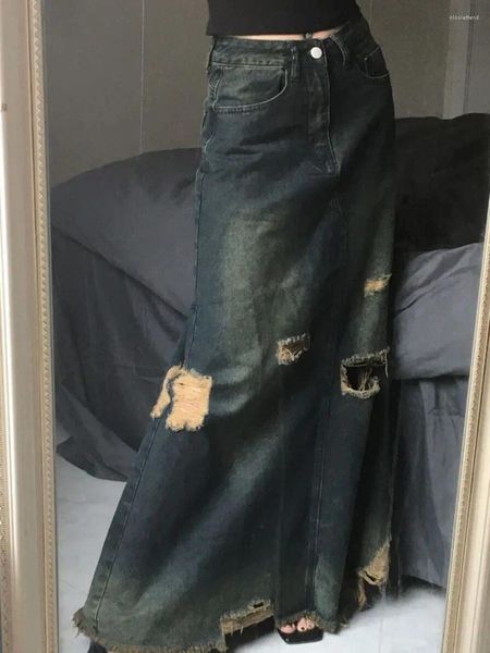 Jupes Vintage en détresse bleu sol blanc lavé taille haute Style Punk jupe en jean femmes Streetwear a-ligne balançoire longueur au sol