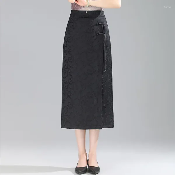 Jupes vintage élégant jacquard noir hauteur hauteur bodycon long jupe longue 2024 crayon slim de printemps d'été 4xl 93167