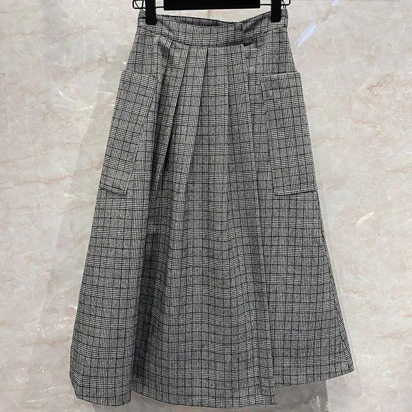 Faldas Vintage Inglés Gris Plaid Tweed Falda Bolsillo Grande Lana