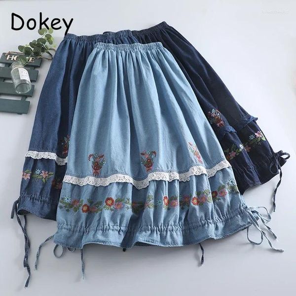 Jupes Vintage broderie florale bleu jupe en jean femmes japonaise Mori fille à volants à lacets a-ligne été décontracté Midi Faldas Mujer