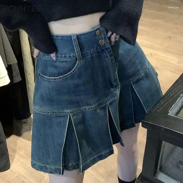 Jupes vintage pour femmes mini denim plissé design tout-correspondant d'été jeunes filles mode coréen style décontracté faldas