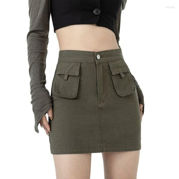 Jupes Vintage poche avant doublure Denim jupe pour femmes minceur modèle taille haute gris-vert outillage vêtements courts