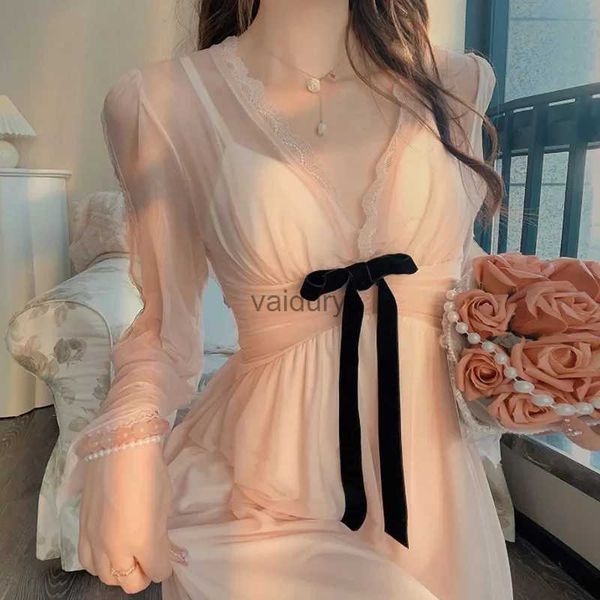 Faldas Vintage Suave Brisa Camisón que fluye Temperamento dulce Arco de encaje Falda larga Falda larga Ropa de salón sexy con almohadillas en el pecho Vestido con cuello en V YQ231218