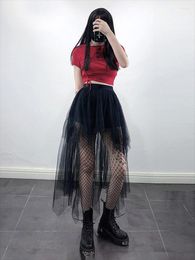 Rokken vintage gotisch zwart mesh lange mini rok vrouwen meerlagige onregelmatige donkere esthetische fee