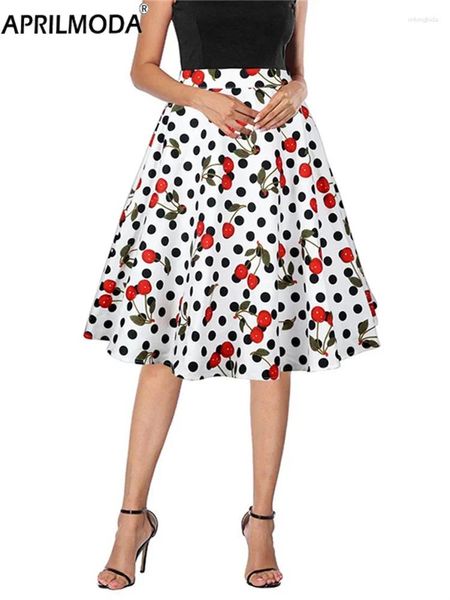 Faldas Vintage de cintura alta para mujer, dibujo de lunares y cerezas blancas, años 50 y 60, Pinup Rockabilly, moda de verano 2024, botones para falda por debajo de la rodilla