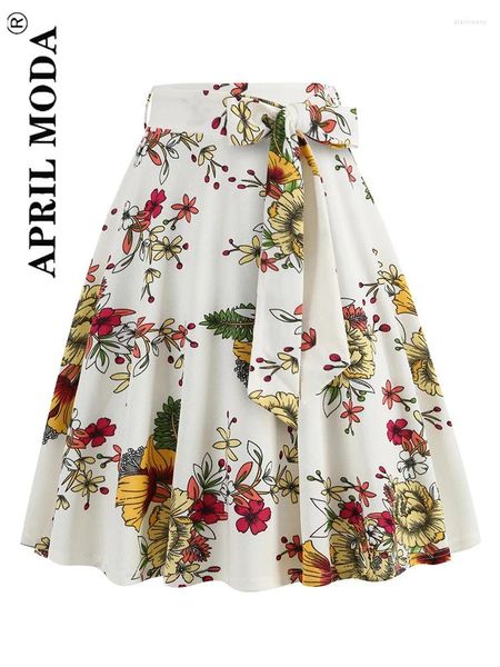 Faldas Vintage de cintura alta para mujer, falda oscilante con cinturón, estampado floral, estilo francés, línea A, bata de los años 50 y 60, Pinup Rockabilly