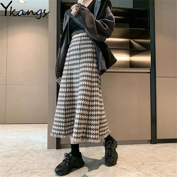 Faldas Vintage Houndstooth Falda de punto Mujer Otoño Invierno Cintura alta A cuadros Paraguas Falda larga Mujer Borla negra Midi A-Line Falda 231218