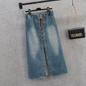 Jupes Vintage Jeans femmes moyen Long fendu à lacets jupe crayon femme grande taille Denim décontracté taille haute tout-match