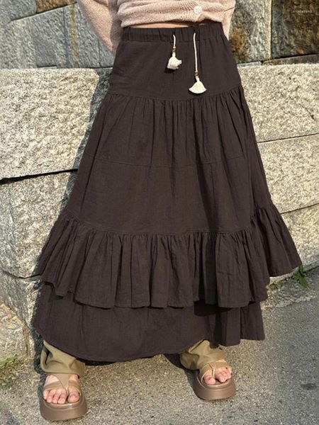 Jupes Vintage longues pour femmes Y2K fée Grunge solide taille haute jupe à plusieurs niveaux 90S esthétique Boho froncé Midi