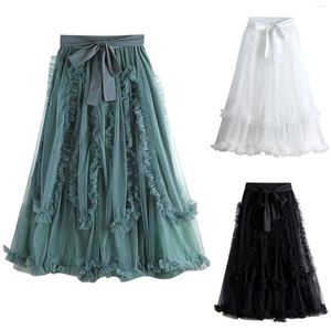 Faldas de malla vintage falda plisada tul larga maxi arco de arco sólido casual para mujeres elegante verano y2k streetwear