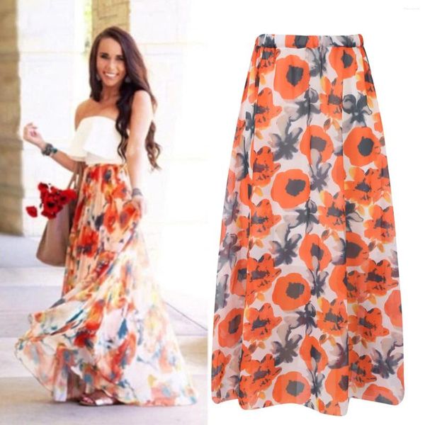 Jupes vintage orange floral imprimé long pour femmes hautes taille plissée midi boho swing une jupe de ligne jupes faldas