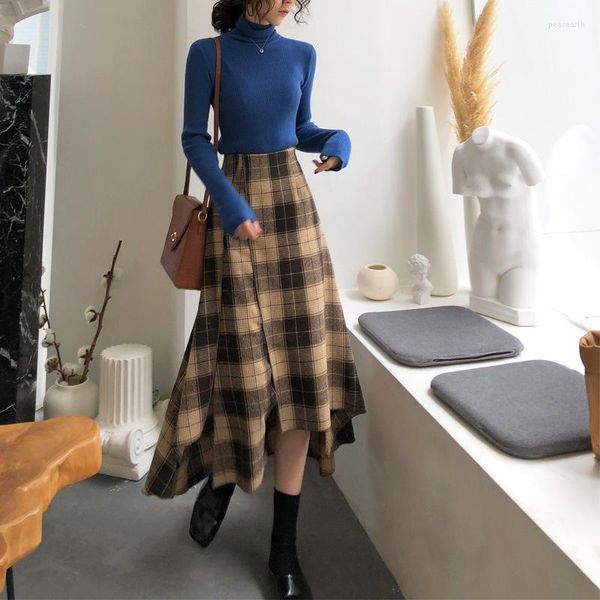 Jupes Vintage Plaid Irrégulière Laine Longue Jupe Femmes Style Coréen Élégant Mince A-ligne Taille Haute Plissée Midi Harajuku Streetwear