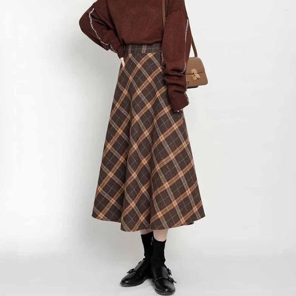 Jupes Vintage Plaid laine Midi 2023 automne femmes grande taille 4xl ample longue plissée hiver chaud taille haute a-ligne jupe