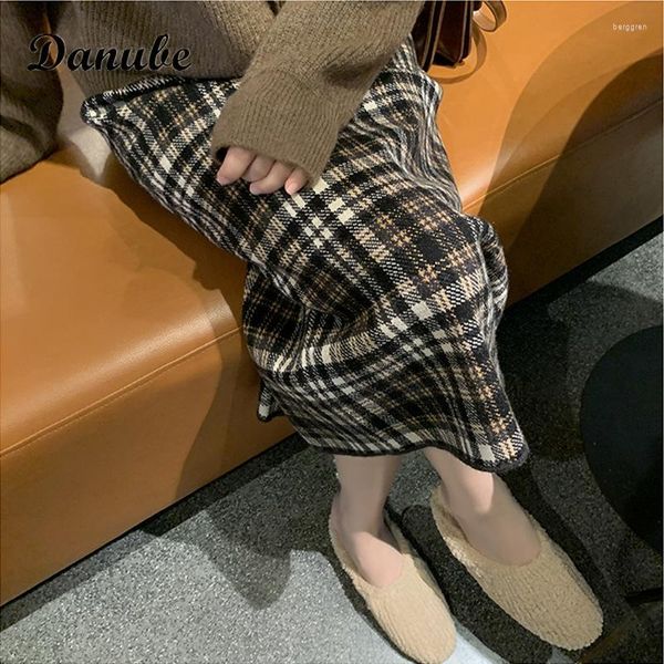 Jupes Vintage Plaid laine longue jupe crayon femmes élégant bureau dame taille haute droite automne Style coréen lâche Midi