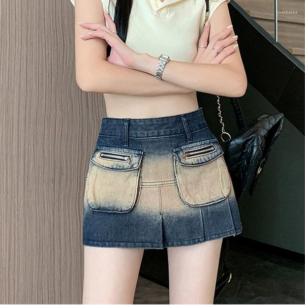 Kjolar Vintage fickor Denim Mini Y2K Estetisk koreansk Lågväxt Skinny Wrap Bodycon Jeans Pennskjol Dam Club Streetwear