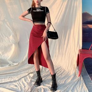 Rokken vintage rode plaid lange rok vrouwen hoge taille mode sexy en onregelmatige split party club kleding mujer streetwear