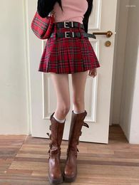 Jupes vintage Sexy Club Red Plaid avec ceinture plissée mini jupe féminine d'été