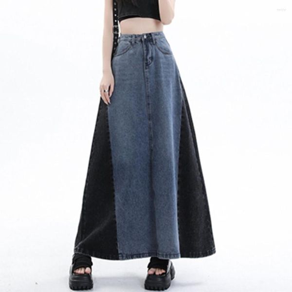 Jupes Vintage épissage Long Denim Jeans été taille haute jupe plissée femmes mode coréenne bleu Patchwork parole longueur