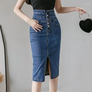 Röcke Vintage Split Bleistift Denim Frauen 2022 Sommer Hohe Taille Tasten Midi Jeans Koreanische Plus Größe Sexy Jupe Femme