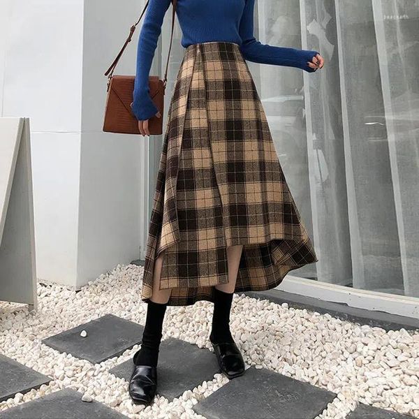 Faldas Vintage Streetwear Plaid mujer moda Irregular cintura alta Falda larga mujer Otoño Invierno espesar lana Midi