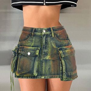 Jupes Vintage Tie Dye Imprimer Cargo Mini Denim Femmes Mode Multi Poche Mi Taille Bouton Fly Casual Jeans Bas Y2K Streetwear 230707