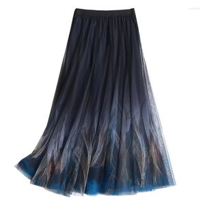 Jupes Vintage Tulle longue jupe femmes été paon imprimé plissé femme élégante fête grande balançoire a-ligne Midi
