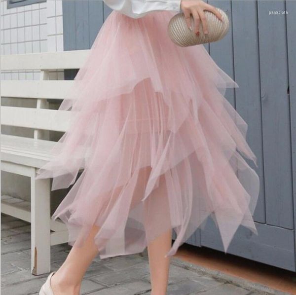 Faldas Falda de tul vintage Tutú plisado para mujer Hada Glamour Irregular Rosa Cintura alta Pastel Dama de honor Boda