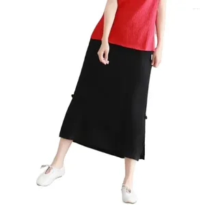 Rokken vintage vrouwen katoen linnen zomer casual elastische taille vaste kleur lange vrouwelijke split knop vestidos