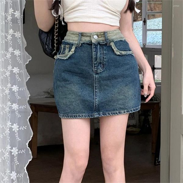 Faldas Vintage Mujer Denim Mini Y2K Estética Coreano Kawaii Low Rise Skinny Wrap Bodycon Jeans Penceil Falda Streetwear