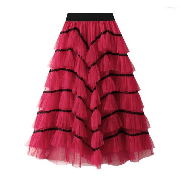 Faldas Vintage Mujeres Elegante Multicapa Volantes Tutu Falda Alta Cintura Mullido Danza Pastel Hada Tul Fiesta Largo