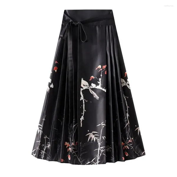 Jupes Vintage femmes jupe haute taille élégante fleur d'oiseau imprimé hanfu plissé à lacets