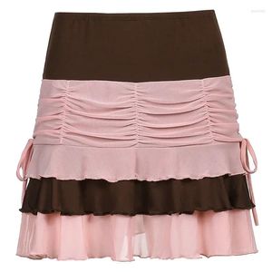 Jupes Vintage Y2K Esthétique Patchwork Rose Maille Mignon Plissé Kawaii Vêtements D'été Femme Brun Taille Basse Volants Mini Jupe