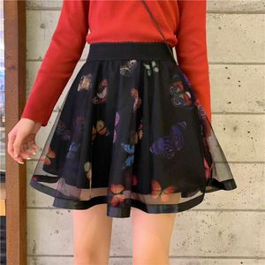 Faldas gasa estampado mariposa estilo pijo elegante corto moda coreana alta cintura dulce 2021 verano S A-line falda de mujer
