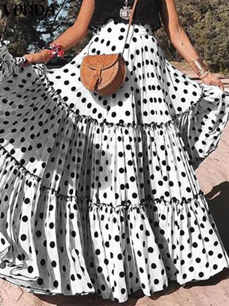 Jupes VONDA Femmes Fête Longue Maxi 2024 Mode Polka Dots Imprimé Été Bohème Taille Haute Casual Jupe À Volants Baggy