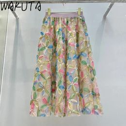 Faldas wakuta malla floral tridimensional Long Chic coreano 2024 elegante dulce cintura hada de hada falda mujeres